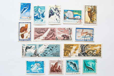 UZHGOROD, UKRAINE - CIRCA MAY, 2016: Collection of postage stamps printed in USSR shows Barguzin Nature Reserve and animals of Antarctica, circa 1961-1967のeditorial素材