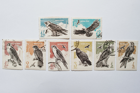UZHGOROD, UKRAINE - CIRCA MAY, 2016: Collection of postage stamps printed in USSR shows birds of prey or predators, circa 1965のeditorial素材
