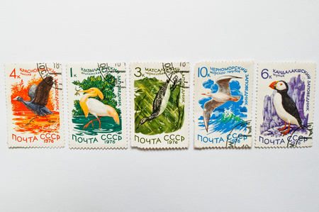 UZHGOROD, UKRAINE - CIRCA MAY, 2016: Collection of postage stamps printed in USSR shows birds from different soviet reserves, circa 1976のeditorial素材