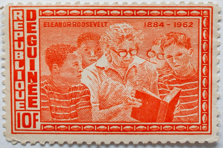 UZHGOROD, UKRAINE - CIRCA MAY, 2016: Postage stamp printed in Guinea republic shows the first Lady of the United States Eleanor Roosevelt (1984-1962), circa 1964のeditorial素材