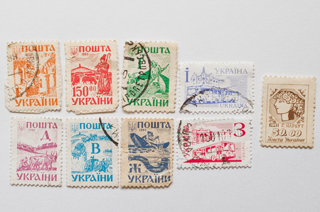 UZHGOROD, UKRAINE - CIRCA MAY, 2016: Collection of postage stamps printed in Ukraine, circa 1992-1994のeditorial素材