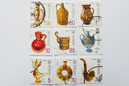UZHGOROD, UKRAINE - CIRCA MAY, 2016: Collection of postage stamps printed in Ukraine, shows pottery, circa 2000のeditorial素材