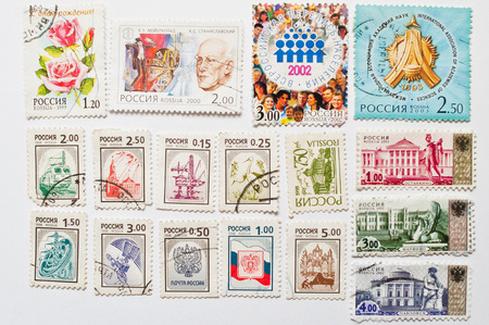 UZHGOROD, UKRAINE - CIRCA MAY, 2016: Collection of postage stamps printed in Russia, circa 1998-2003のeditorial素材