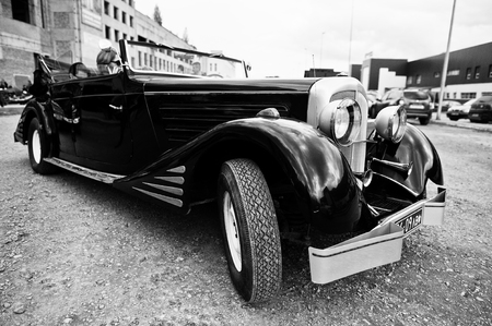 Podol, Ukraine - May 19, 2016: Maybach Zeppelin DS 8 Roadster, luxury classic car, built in Stuttgart, Germany 1928-1938. Black and white photoのeditorial素材