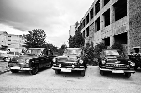 Podol, Ukraine - May 19, 2016: Classic soviet retro cars GAZ M21 Volga  produced in the Soviet Union by GAZ (Gorky automobile factory) from 1956 to 1970 with MZMA Moskvitch 407, produced at 1956-1965のeditorial素材