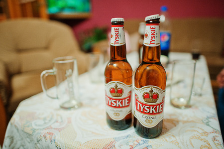 Katowice, Poland - October 24, 2014: Tyskie beer, is one of the best selling brands of beer in Poland.のeditorial素材