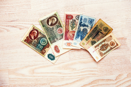 Set of bill USSR roubles money on wooden backgroundの写真素材
