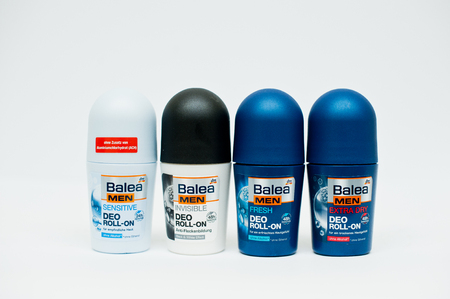 Berezovitsa, Ukraine - circa june, 2016: Set of deodorant antiperspirant roll-on Balea menのeditorial素材