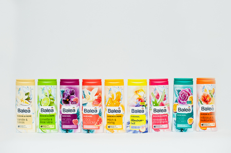 Berezovitsa, Ukraine - circa june, 2016: Set of shower gel Baleaのeditorial素材