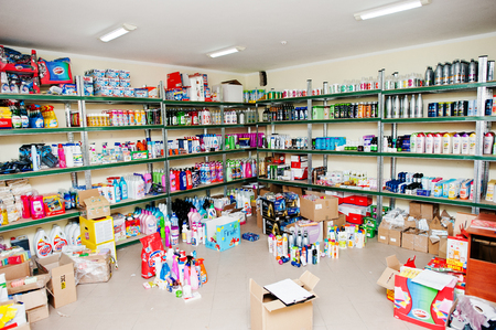 Berezovitsa, Ukraine - circa june, 2016: Store shelves with different household cleaningのeditorial素材