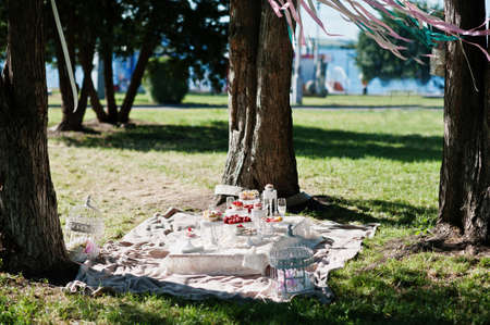 Picnic table with decor and colored ribbons on grass near treesの写真素材