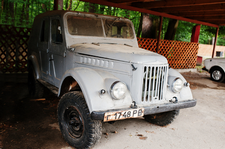 Kostopil, Ukraine - July 13, 2016: Old vintage Soviet Union car GAZ-69 is a four-wheel drive light truck, produced by GAZ (Gorky Automobile Factory) 1953â1955のeditorial素材