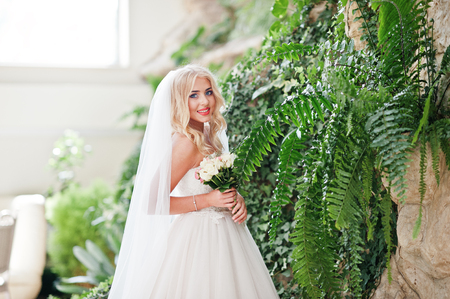 Elegant blonde blue eyes fashion bride at great wedding hallの写真素材