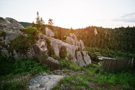 Tustan fortress ruins of rocks at Carpathian Ukraineの写真素材