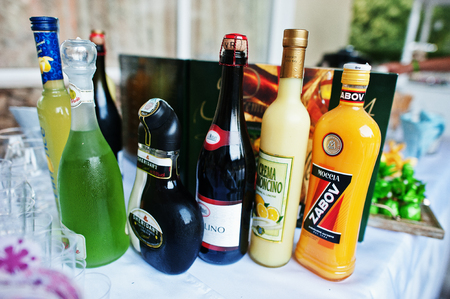 Hai, Ukraine - October 25, 2016: Diferrent bottles of alcoholic beverages on the buffet tableのeditorial素材