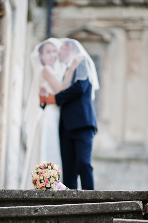 Wedding couple background old vintage castle. Happy newlyweds at their wedding day.の写真素材