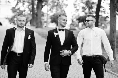 Personable groom with best mans or groomsman posed on park at wedding day. Black and white photo