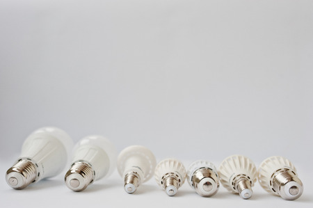 Set of row LED bulbs isolated on white background.
