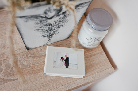 White classic photo flash box of photobook with frame of wedding couple.の写真素材