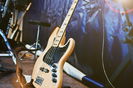 Set of musical instruments. Bass guitar and drumsの写真素材