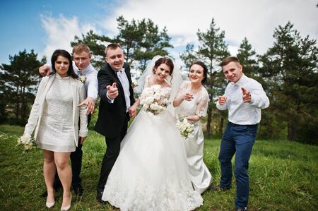 Funny and happy wedding couple with bridesmaids and best mans.の写真素材