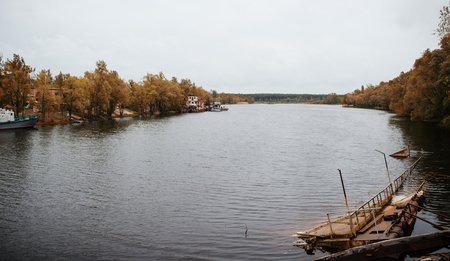 Abandoned ferry on Pripyat river at Chernobyl, Ukraine.の写真素材