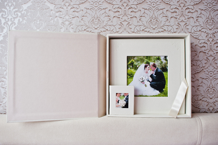 Luxury white classic leather wedding book with flash box.の写真素材