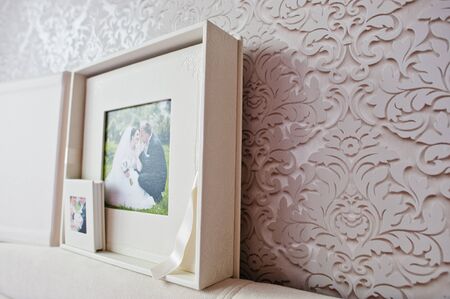 Luxury white classic leather wedding book with flash box.