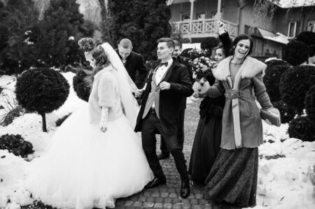 Wedding couple with bridesmaids and best mans have fun on winter day. Black and white photo.の写真素材