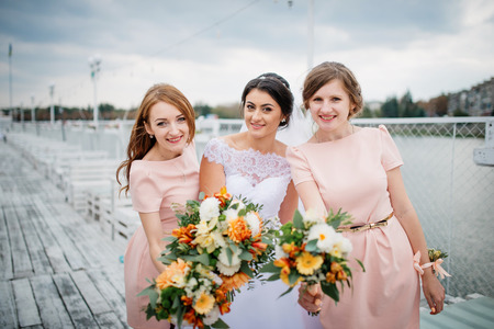 Bride with bridesmaids posed on the pier berth at cloudy wedding day.の写真素材