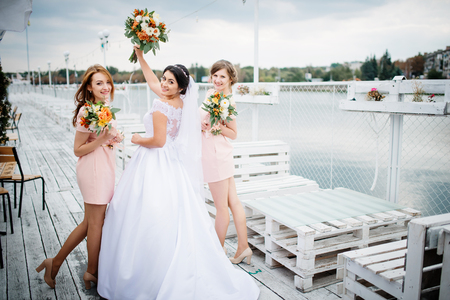 Bride with bridesmaids posed on the pier berth at cloudy wedding day.の写真素材