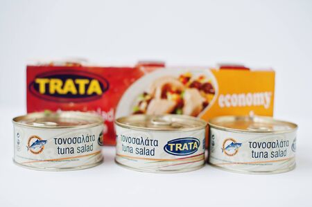 Athens, Greece - February 22, 2017: Tuna salad mexican with cans Trata.のeditorial素材