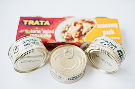 Athens, Greece - February 22, 2017: Tuna salad mexican with cans Trata.のeditorial素材