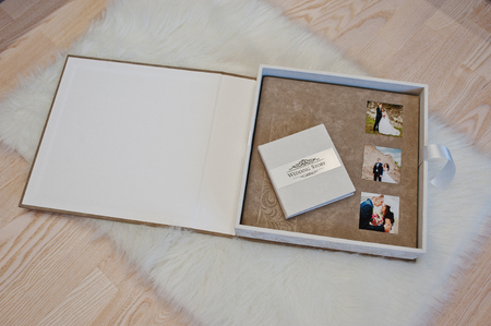 Elegant gray brown and white leather wedding book or album.の写真素材