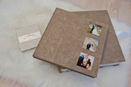 Elegant gray brown and white leather wedding book or album.の写真素材
