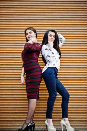 Two young teenages girl posed against orange shutter. Plump girl vs thin.の写真素材