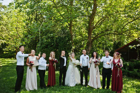 Elegance wedding couple with bridesmaids and best mans drinking champagne. Ten people.の写真素材