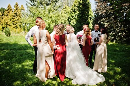 Elegance wedding couple with bridesmaids and best mans having fun. Crowd of friends on wedding.の写真素材