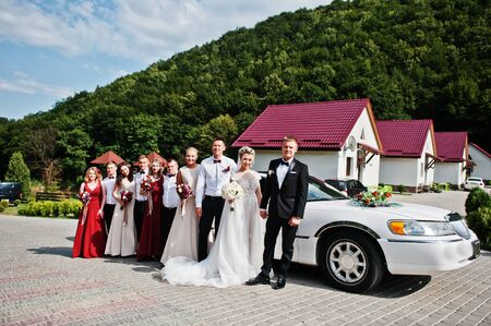 Stylish wedding couple with bridesmaids and best mans against wedding limousine. Ten people.の写真素材