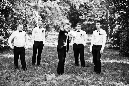 Fashionable groom with four best mans at bow ties outdoor.の写真素材