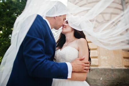 Wedding couple in love stay against old vintage palace.の写真素材