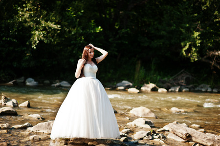 Bride posed at amazing landscapes stay on mountain river.の写真素材