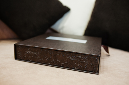 Brown luxury leather wedding book or album.の写真素材