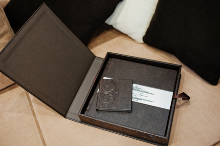 Brown luxury leather wedding book or album.の写真素材