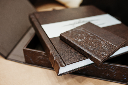 Brown luxury leather wedding book or album.の写真素材