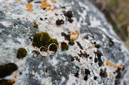Wedding golden rings at stone with moss.の写真素材