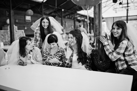 Group of cheerful girls at checkered shirts sitting at table on hen party. Girl showing her engagement ring.の写真素材