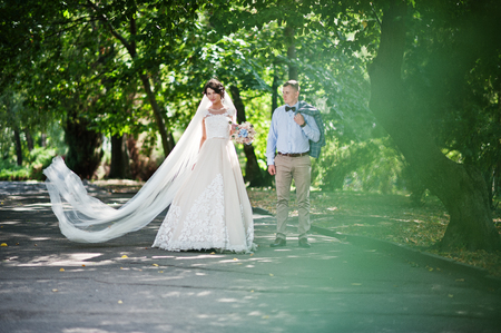 Attractive young wedding couple walking and posing in the park on a sunny day.の写真素材