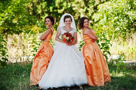 Happy bride having fun with her cool fun bridesmaids in the park on a wedding day.の写真素材