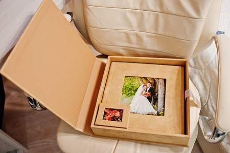 Brown box of the wedding photobook or photo album.の写真素材